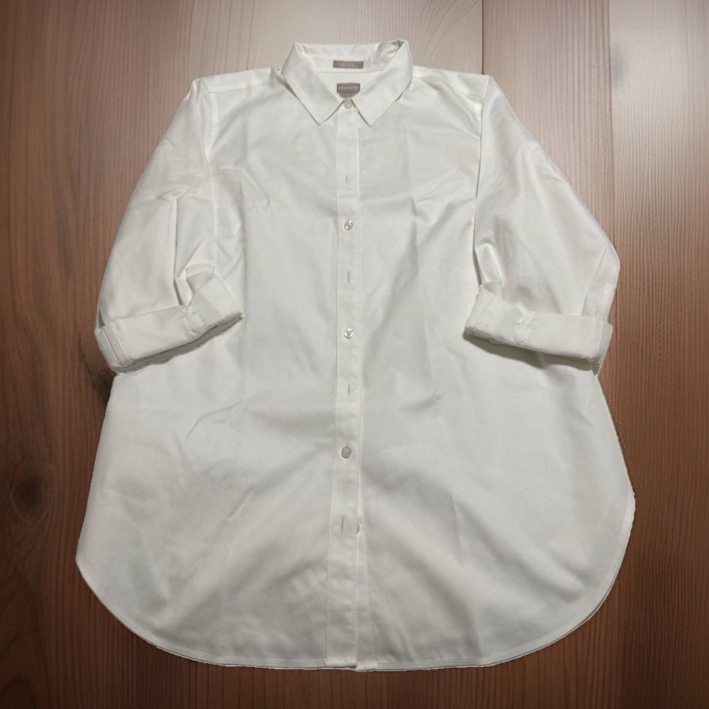Chicos No Iron Stain Shield Button Up Shirt Size 2 Cotton 3/4 Sleeves